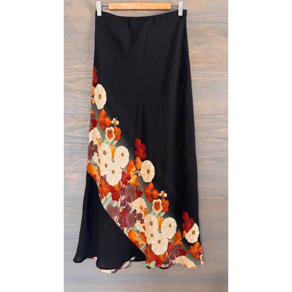 Vintage Harari Maxi Skirt Black 100% Silk Bias Cut Kimono Floral Print Size M